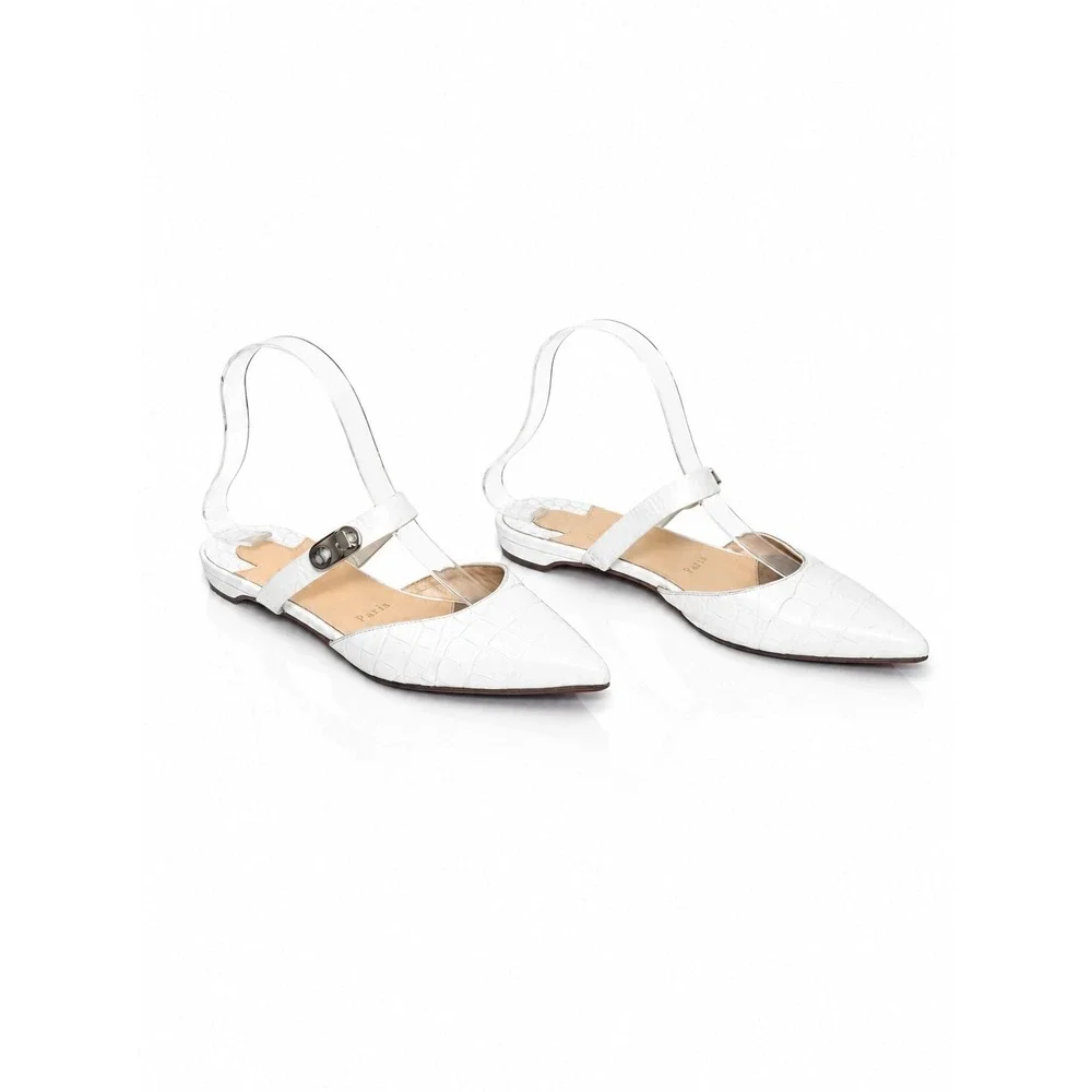 Christian Louboutin CHOC LOCK Croc Embossed Leather Flat Mules White‎ Sz 36